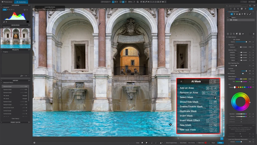 DxO PhotoLab editing showing RAW image adjustments, AI masking tools and photo enhancement controls.
