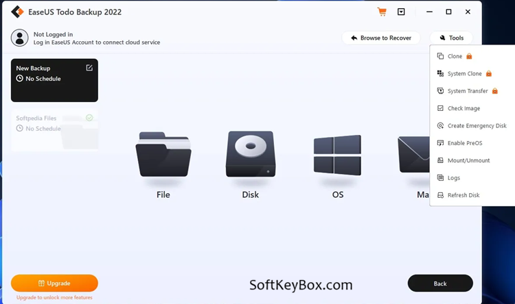 EaseUS Todo Backup Free Download user interface showing backup, restore, and disk cloning options.