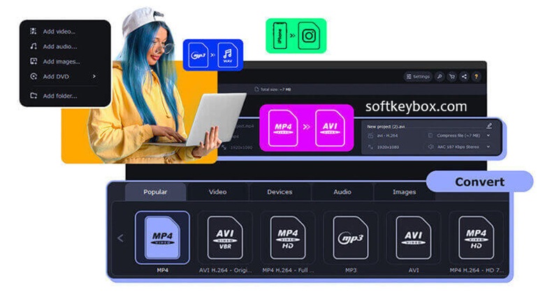 Movavi Video Converter Full Version displaying video conversion settings, format presets, editing tools and export management options.