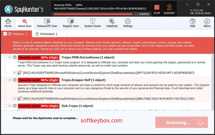 SpyHunter displaying malware scan results, threat detection panels, quarantine controls and real-time security monitoring dashboard.