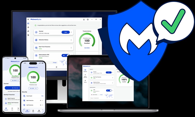 Malwarebytes dashboard showing threat scanning and real-time protection controls